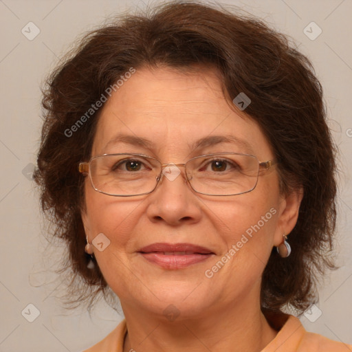 Joyful white middle-aged female with medium  brown hair and brown eyes