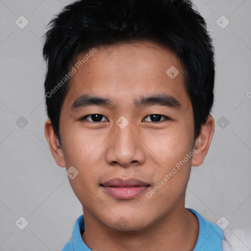 Neutral asian young-adult male with short  black hair and brown eyes
