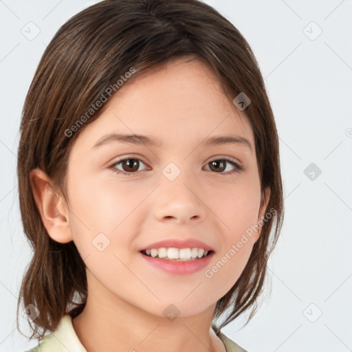 Joyful white child female with medium  brown hair and brown eyes