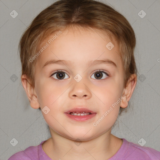 Joyful white child female with medium  brown hair and brown eyes