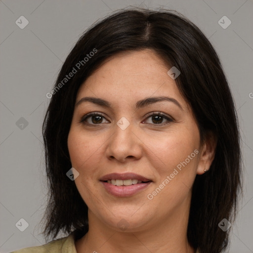 Joyful white adult female with medium  brown hair and brown eyes