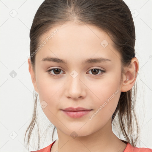 Joyful white child female with medium  brown hair and brown eyes