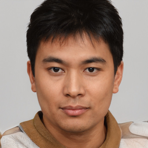 Neutral asian young-adult male with short  brown hair and brown eyes