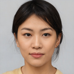 Neutral asian young-adult female with medium  brown hair and brown eyes