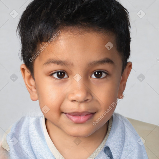 Joyful white child male with short  brown hair and brown eyes