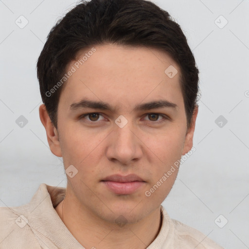 Neutral white young-adult male with short  brown hair and brown eyes