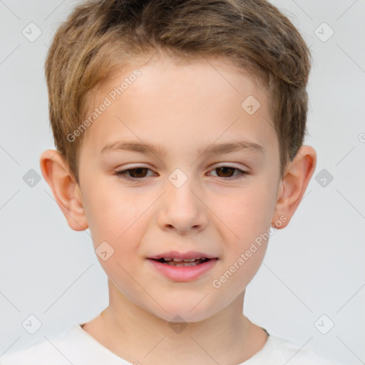 Joyful white child male with short  brown hair and brown eyes