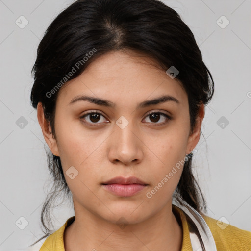 Neutral white young-adult female with medium  brown hair and brown eyes