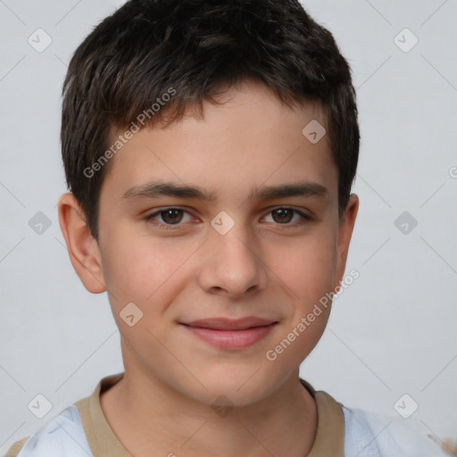 Joyful white child male with short  brown hair and brown eyes