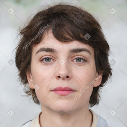 Neutral white young-adult female with medium  brown hair and brown eyes