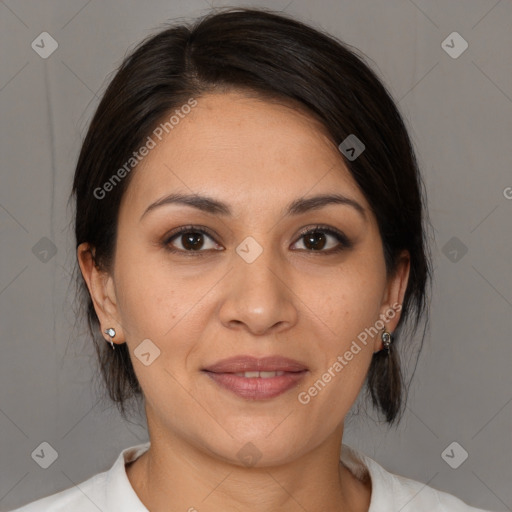 Joyful white young-adult female with medium  brown hair and brown eyes