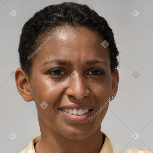 Joyful latino young-adult female with short  brown hair and brown eyes