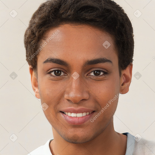 Joyful white young-adult female with short  brown hair and brown eyes