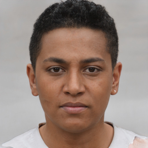 Neutral black young-adult male with short  brown hair and brown eyes