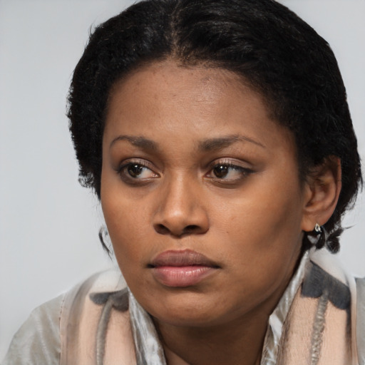 Neutral black young-adult female with short  brown hair and brown eyes