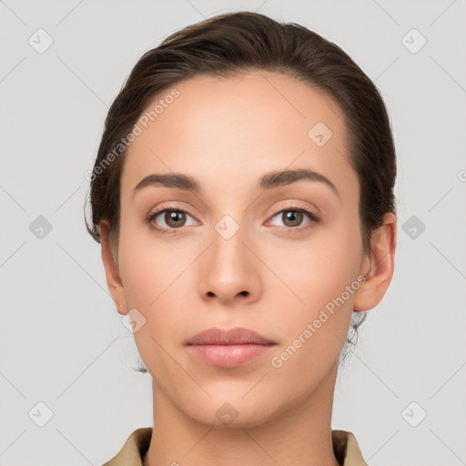 Neutral white young-adult female with short  brown hair and brown eyes