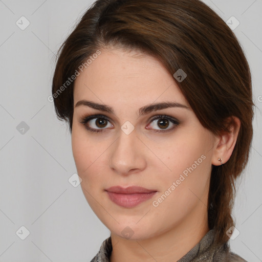 Neutral white young-adult female with medium  brown hair and brown eyes