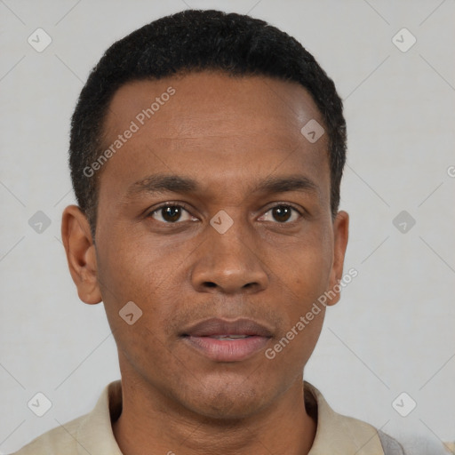Neutral black young-adult male with short  black hair and brown eyes