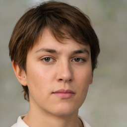 Neutral white young-adult female with short  brown hair and brown eyes