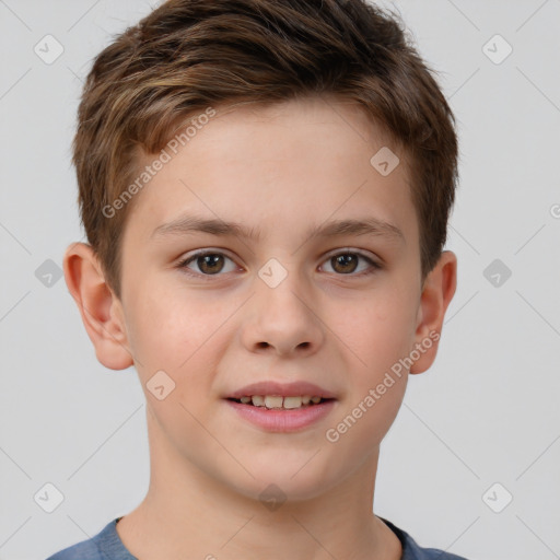 Joyful white child male with short  brown hair and brown eyes