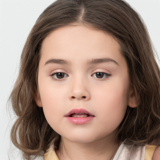 Neutral white child female with long  brown hair and brown eyes