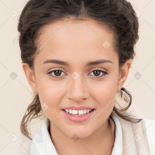 Joyful white child female with medium  brown hair and brown eyes