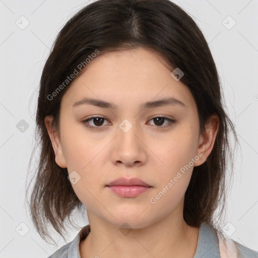 Neutral white young-adult female with medium  brown hair and brown eyes