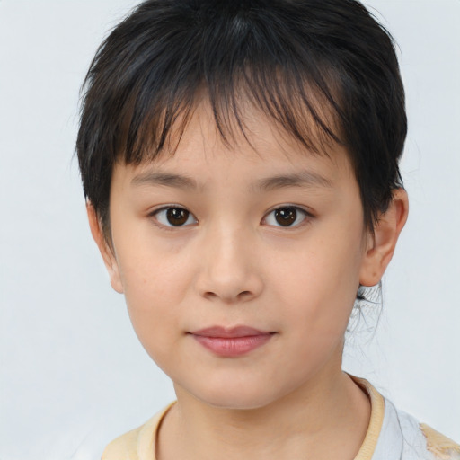 Joyful asian child female with short  brown hair and brown eyes