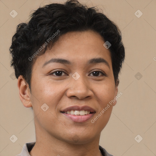 Joyful latino young-adult female with short  brown hair and brown eyes