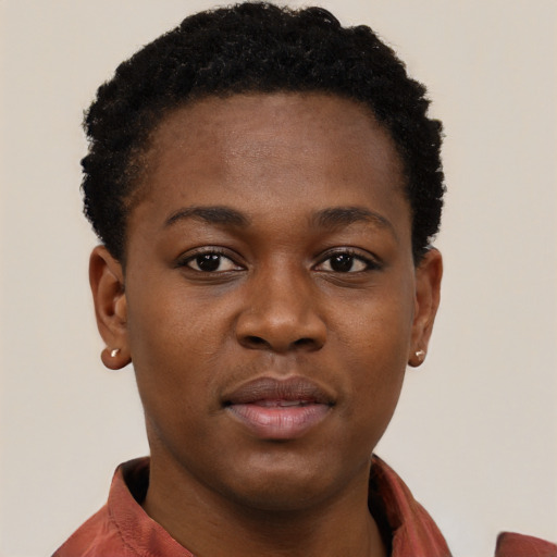 Neutral black young-adult female with short  black hair and brown eyes