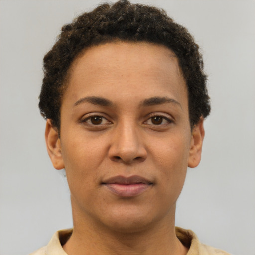 Neutral latino young-adult female with short  brown hair and brown eyes