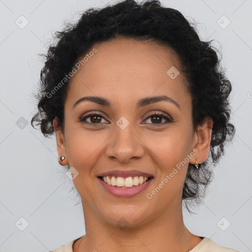 Joyful latino young-adult female with long  brown hair and brown eyes