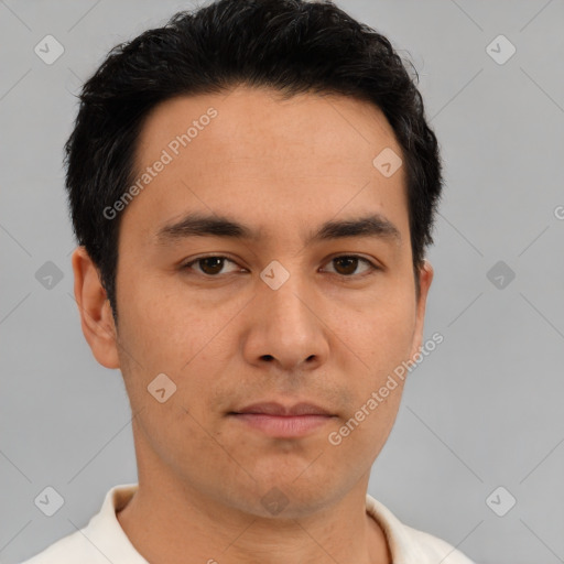 Neutral asian young-adult male with short  brown hair and brown eyes