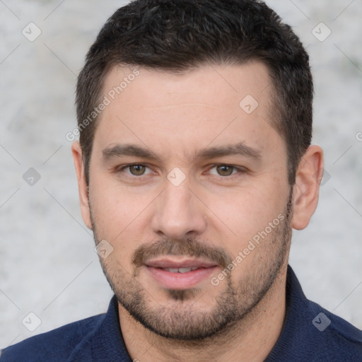 Neutral white young-adult male with short  brown hair and brown eyes