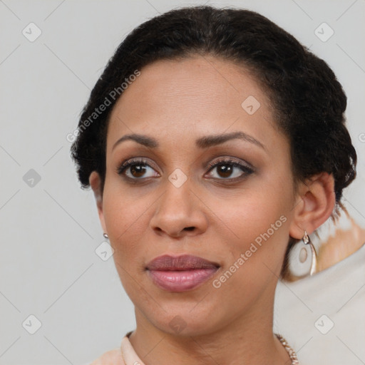 Joyful latino young-adult female with short  brown hair and brown eyes