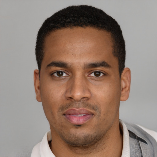 Neutral black young-adult male with short  black hair and brown eyes
