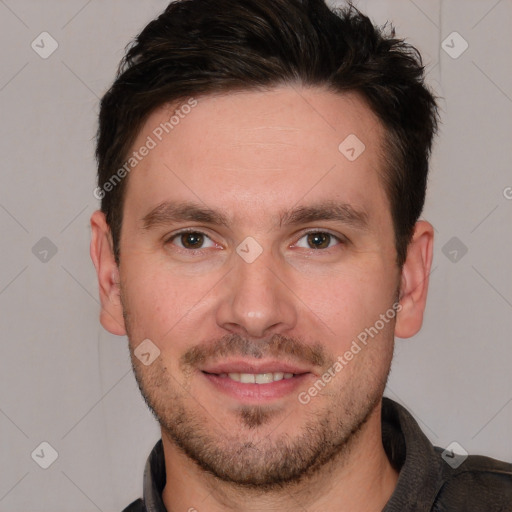 Joyful white young-adult male with short  brown hair and brown eyes