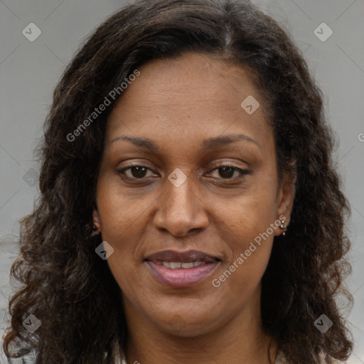 Joyful white adult female with long  brown hair and brown eyes