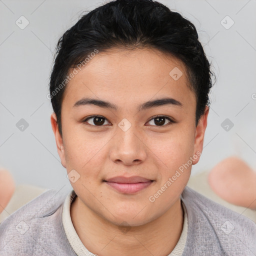 Joyful asian young-adult female with short  brown hair and brown eyes