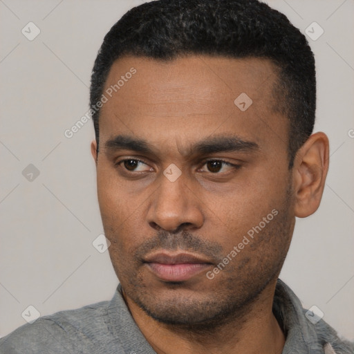 Neutral latino young-adult male with short  black hair and brown eyes