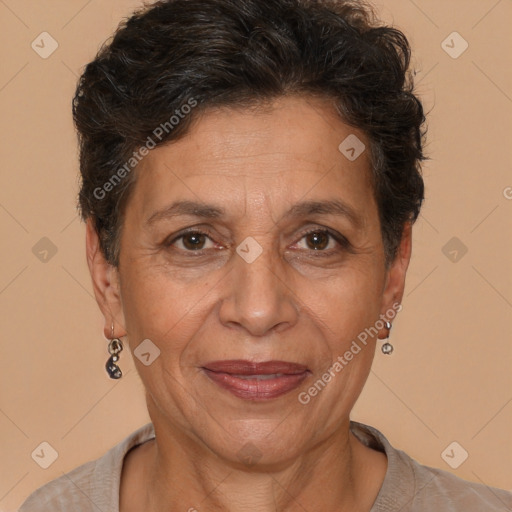 Joyful white adult female with short  brown hair and brown eyes