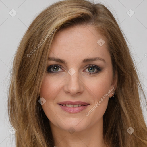 Joyful white young-adult female with long  brown hair and green eyes