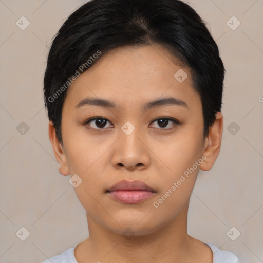 Neutral asian young-adult female with short  black hair and brown eyes