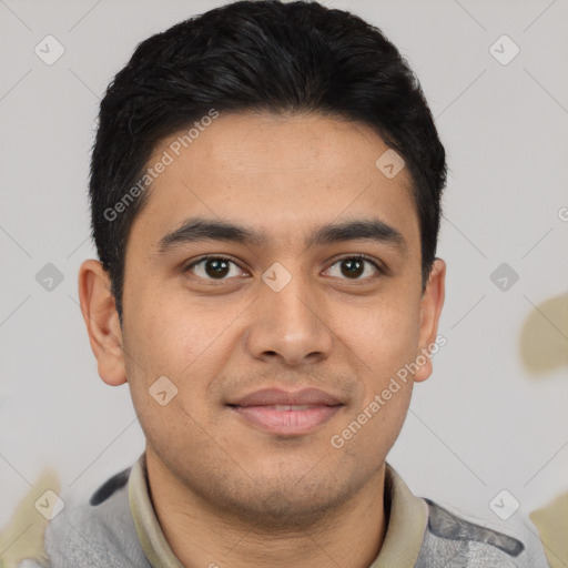 Joyful latino young-adult male with short  brown hair and brown eyes