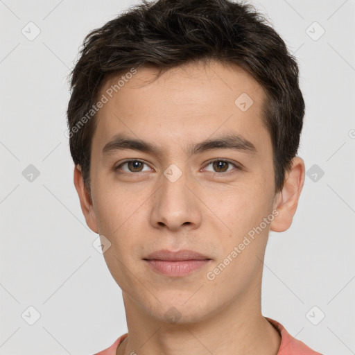 Neutral white young-adult male with short  brown hair and brown eyes