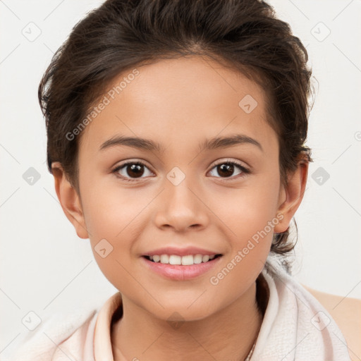 Joyful white child female with medium  brown hair and brown eyes