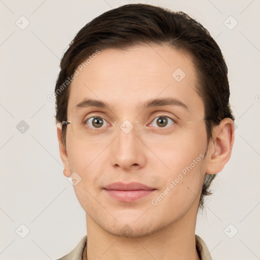 Neutral white young-adult male with short  brown hair and grey eyes