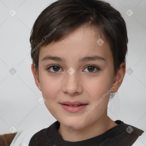 Joyful white child female with short  brown hair and brown eyes