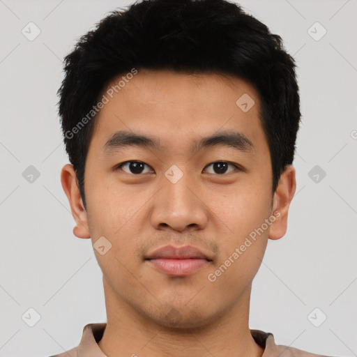 Neutral asian young-adult male with short  black hair and brown eyes