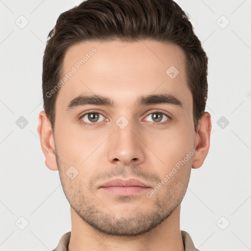 Neutral white young-adult male with short  brown hair and brown eyes